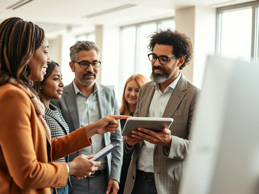 A close-up shot of a financial advisor discussing strategies with a diverse group of individuals. The advisor is pointing at a financial chart on a tablet, while the group looks engaged and thoughtful. The setting is a bright, modern office with soft natural lighting, emphasizing a collaborative atmosphere. The primary color scheme should incorporate warm earth tones, specifically using the rgb(122, 86, 4) to create a professional yet inviting scene.