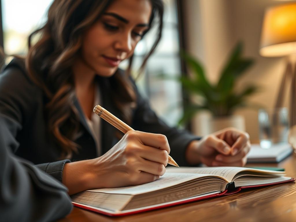 A close-up shot of a person writing in a notebook during a financial coaching session, capturing focused expressions, with a warm and inviting background, emphasizing empowerment and financial growth.