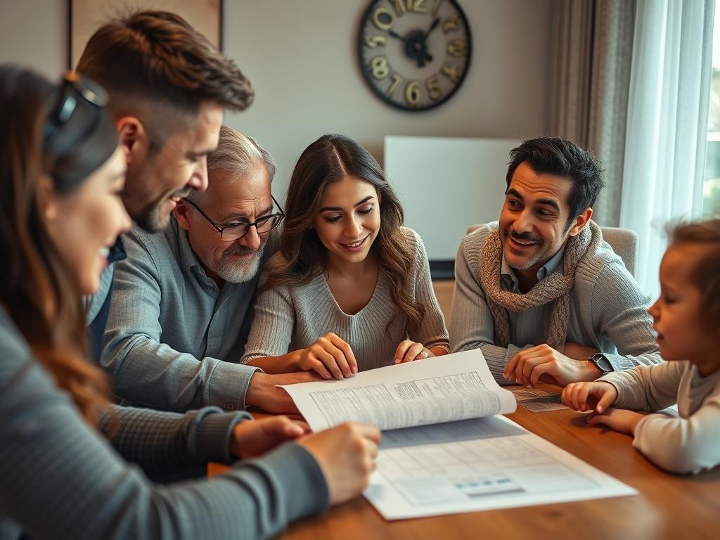 A close-up shot of a family gathered around a table discussing financial plans, with expressions of determination and unity, creating a warm and collaborative atmosphere.