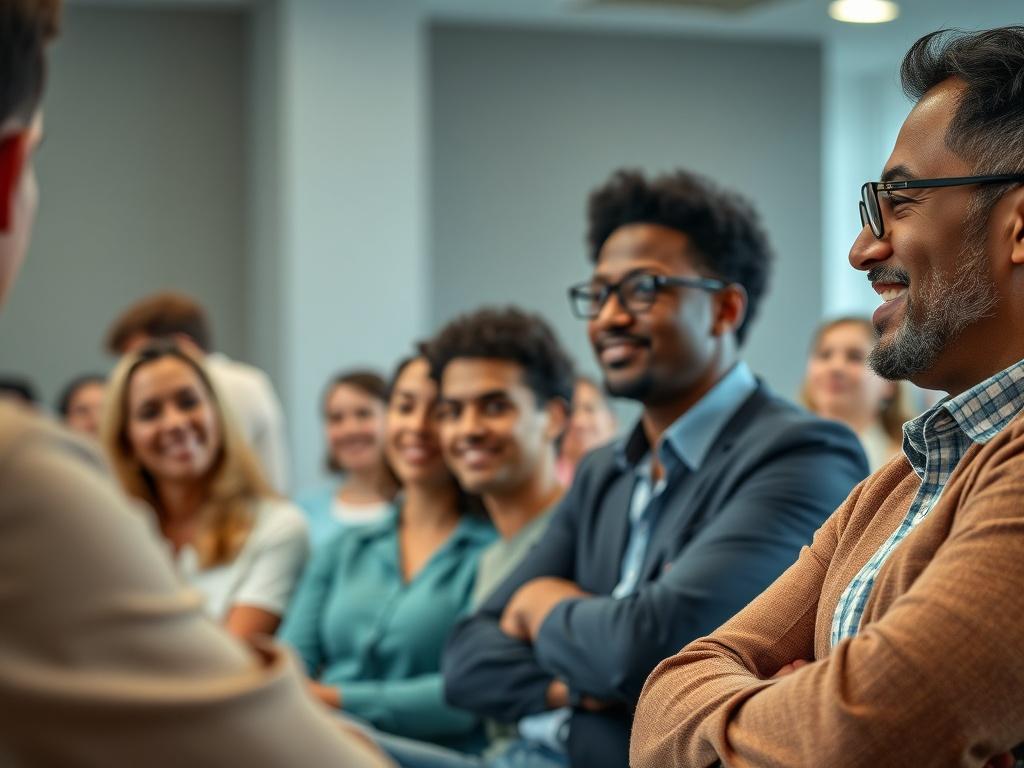 A close-up shot of a diverse group of people participating in a financial workshop, with a facilitator engaging the audience, showcasing enthusiasm and community spirit.