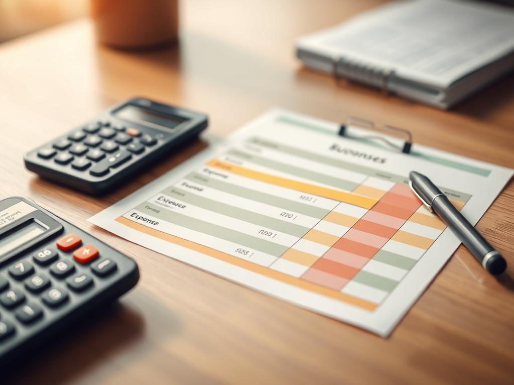 A realistic high-resolution close-up shot of a printed budgeting template laid out on a desk with a pen and a calculator beside it. The template should have colorful sections for expenses and income clearly labeled. The background should be softly blurred, keeping the focus on the budgeting template, with natural light highlighting the desk.