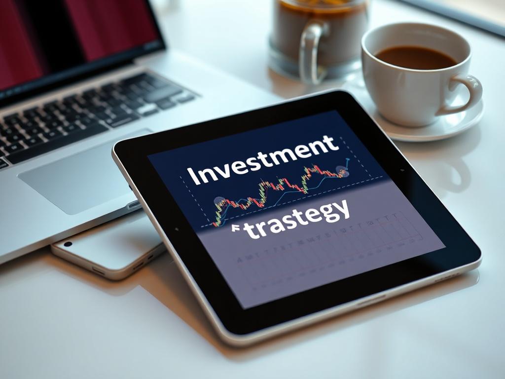 A realistic high-resolution close-up shot of an eBook titled 'Investment Strategy' displayed on a tablet. The tablet should be resting on a stylish desk with a laptop and a coffee cup in the background. The screen of the tablet should show a colorful chart. The lighting should be bright, highlighting the tablet and the desk's modern design.