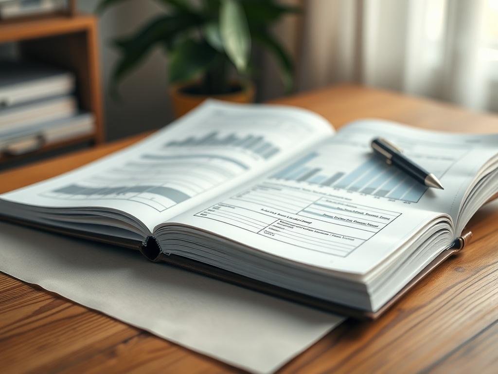 A realistic high-resolution close-up shot of an open financial planning workbook on a wooden desk. The workbook should have neatly organized pages with graphs, charts, and written notes visible. The background should be softly blurred, emphasizing the workbook. The lighting should be warm and inviting, showcasing the texture of the pages and the desk.