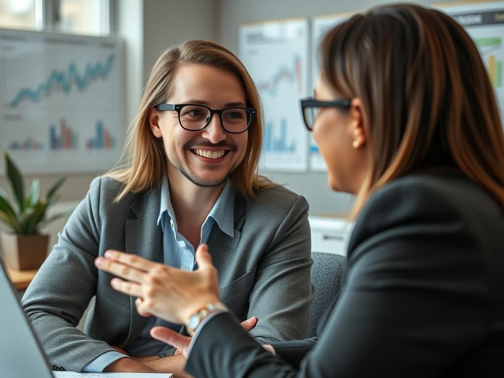 A close-up shot of a person confidently discussing their financial goals with a financial advisor, showcasing a positive and engaging interaction. The background should include financial charts and a welcoming office environment, emphasizing collaboration and support.