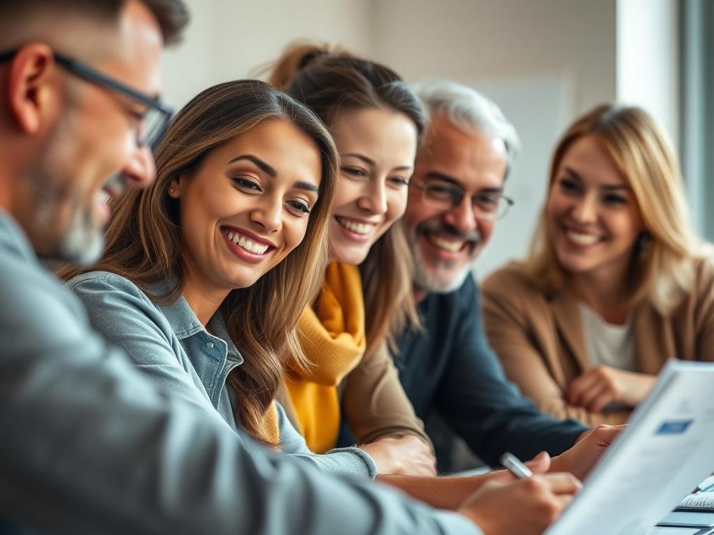 A close-up shot of a diverse group of people engaged in a financial planning session, smiling and discussing strategies. Soft, warm lighting enhances the focused atmosphere. The background should subtly hint at financial documents and tools, creating an inviting and professional setting.