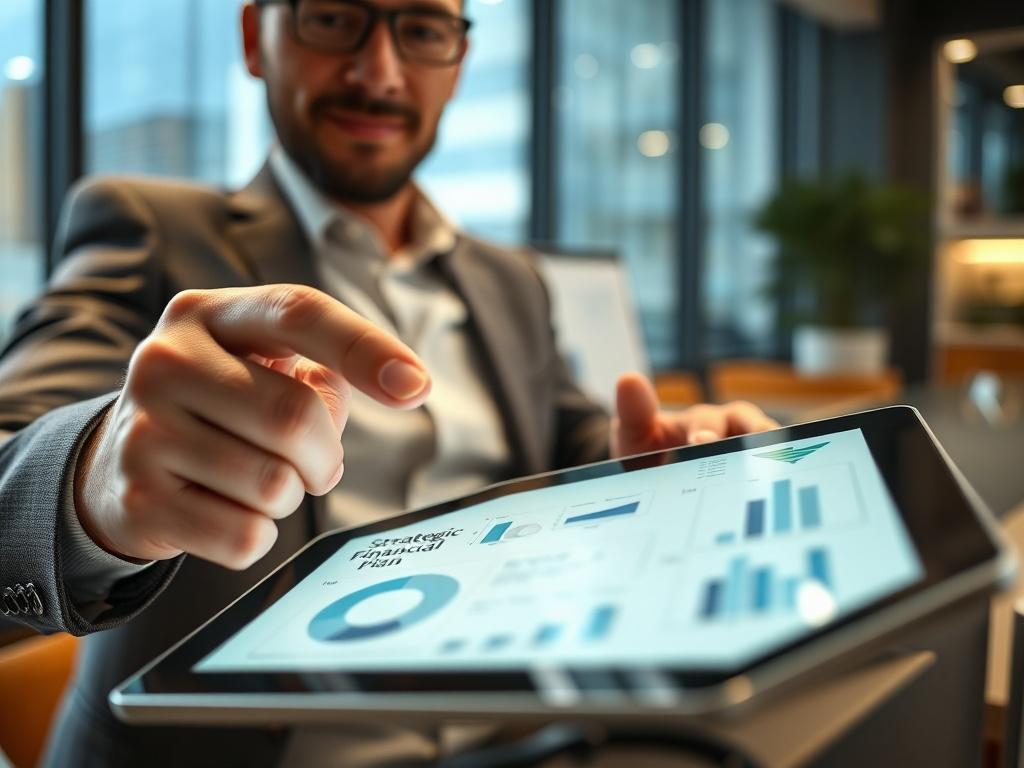 A close-up shot of a financial advisor pointing at a strategic financial plan on a tablet, with charts and graphs visible. A modern office environment enhances professionalism. The focus should be on the advisor's confident expression and the tablet's informative content.