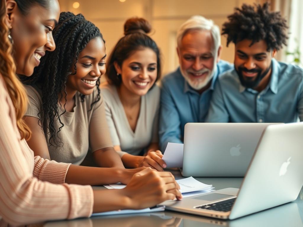 Create a hyper-realistic close-up shot of a diverse group of people, representing individuals and families, gathered around a table with laptops and financial documents. The background should be softly blurred to emphasize the group, and the lighting should be warm and inviting. Use a 45mm f/1.2 lens style to capture detailed expressions of collaboration and empowerment, showcasing a sense of community and support.