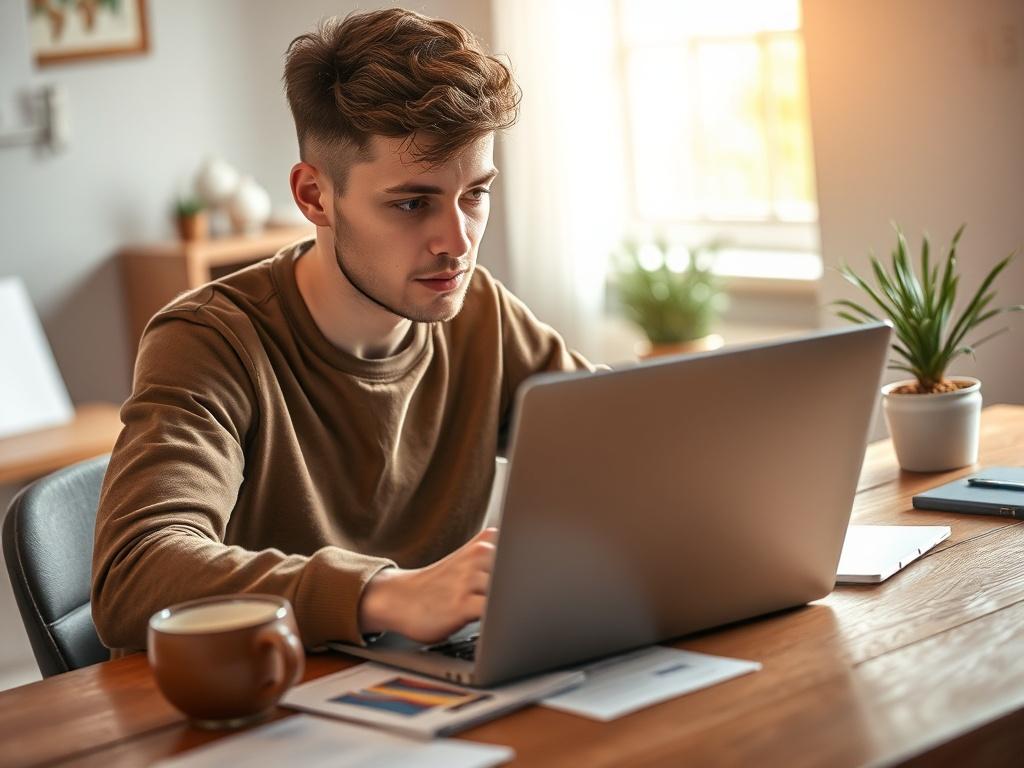 **AI Image Generation Prompt:**

Create a realistic high-resolution photo that embodies the theme of financial empowerment. The composition should be simple and clear, featuring a single subject—an individual sitting at a wooden desk, focused intently on a laptop. The person, a young adult with a thoughtful expression, should be seen reviewing charts and financial documents, illustrating the act of strategizing for financial well-being.

The background should be softly blurred to maintain focus on the subje