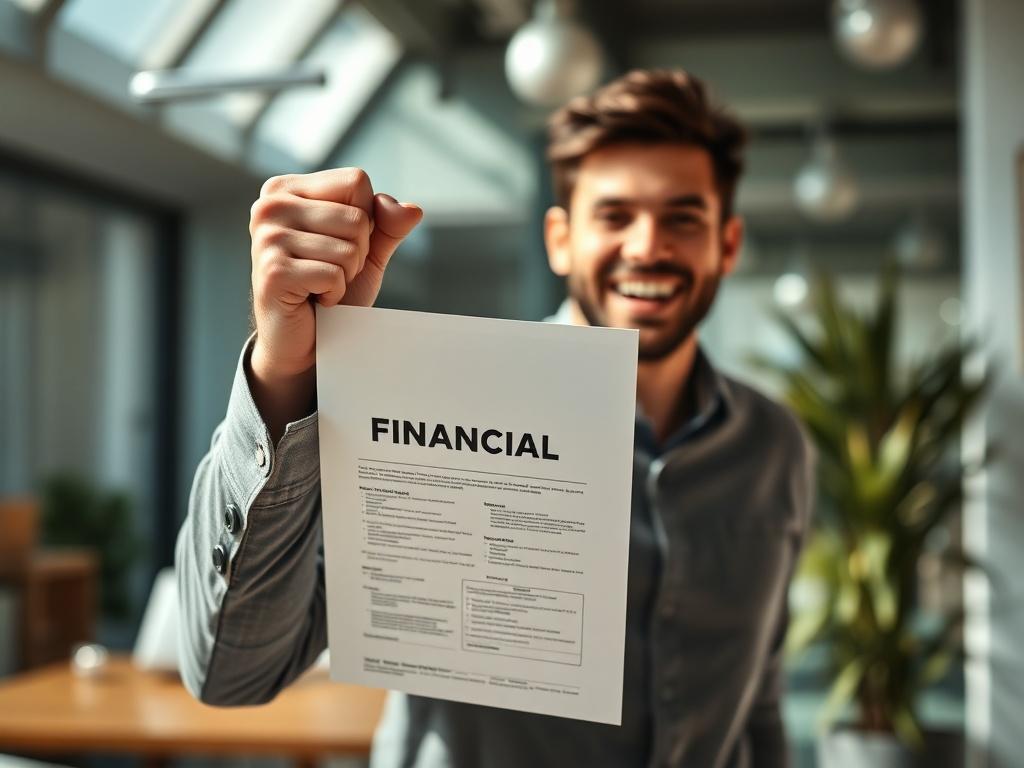 A close-up shot of a person celebrating with a fist pump, holding a financial plan document in hand. The background features a bright, inspiring office environment. The image captures a moment of triumph and satisfaction, symbolizing achievement.