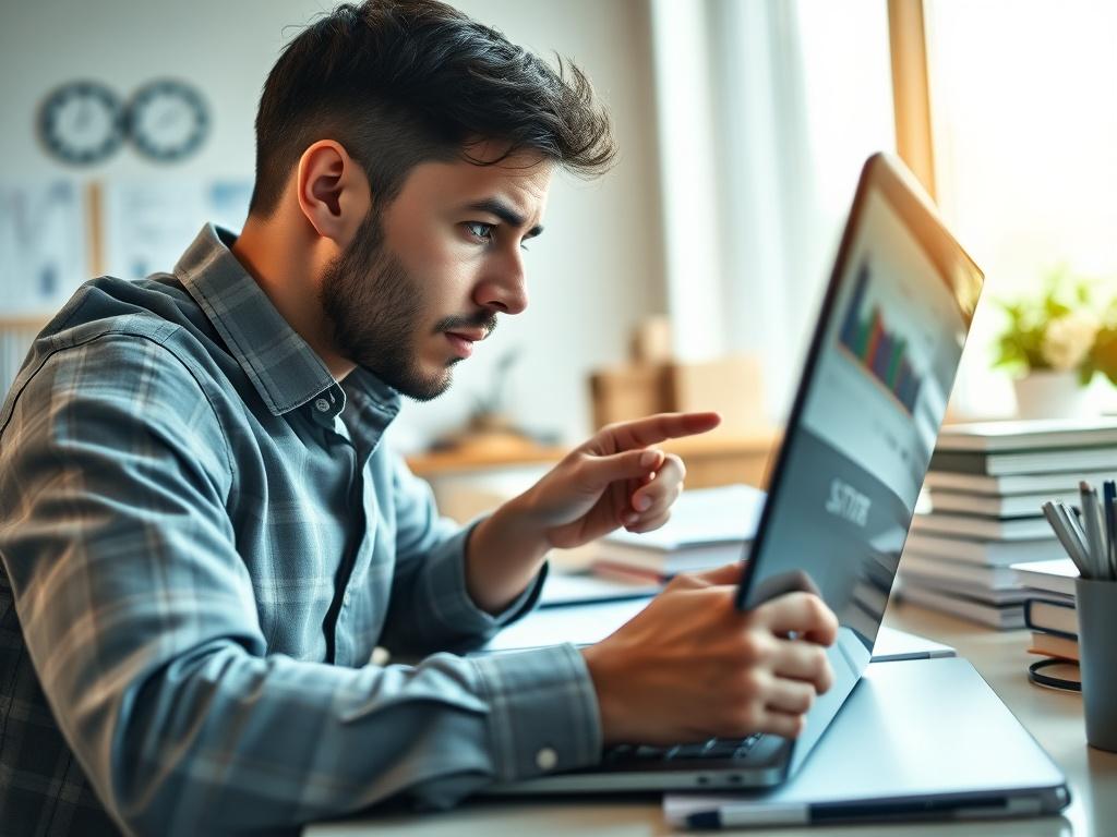 A close-up shot of a person analyzing investment charts on a laptop, with a focused expression. The background shows a bright workspace with financial books and notes scattered around, highlighting a productive environment. The image radiates ambition and determination.