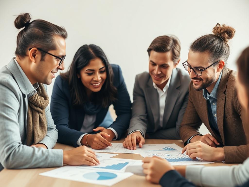 A close-up shot of a diverse group of people discussing financial documents around a table, with charts and graphs visible. The focus is on their engaged expressions, showing collaboration and confidence. The background is softly blurred to emphasize the subjects and enhance the warm atmosphere.