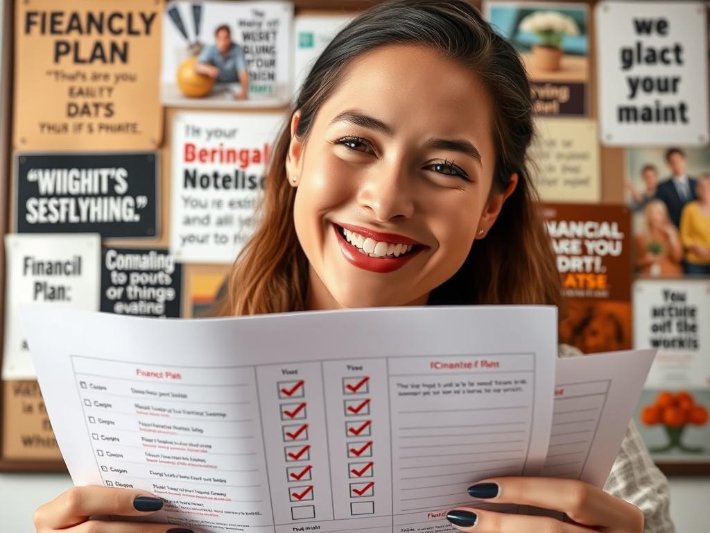 A close-up shot of a smiling individual holding a financial plan with checkmarks next to completed goals, symbolizing success. The background features a vision board with inspirational quotes and images, highlighting achievement and motivation.