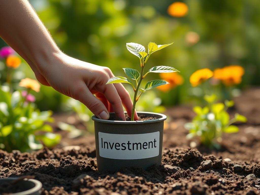 A close-up shot of a hand planting a small tree in a pot labeled 'Investments', symbolizing growth and wealth-building. The background is a bright, hopeful garden setting, emphasizing nurturing and prosperity.