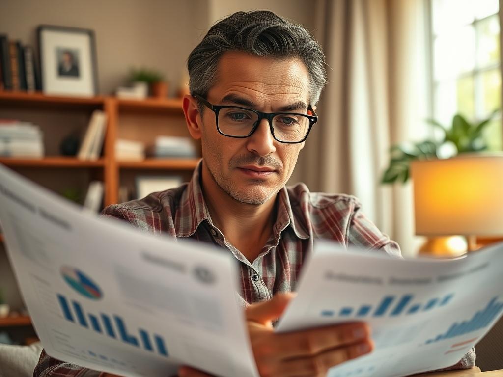 A close-up shot of a confident person reviewing financial documents, surrounded by graphs and charts, showcasing clarity and empowerment. The background is a well-lit home office with a warm, inviting atmosphere, focusing on the subject's determined expression.