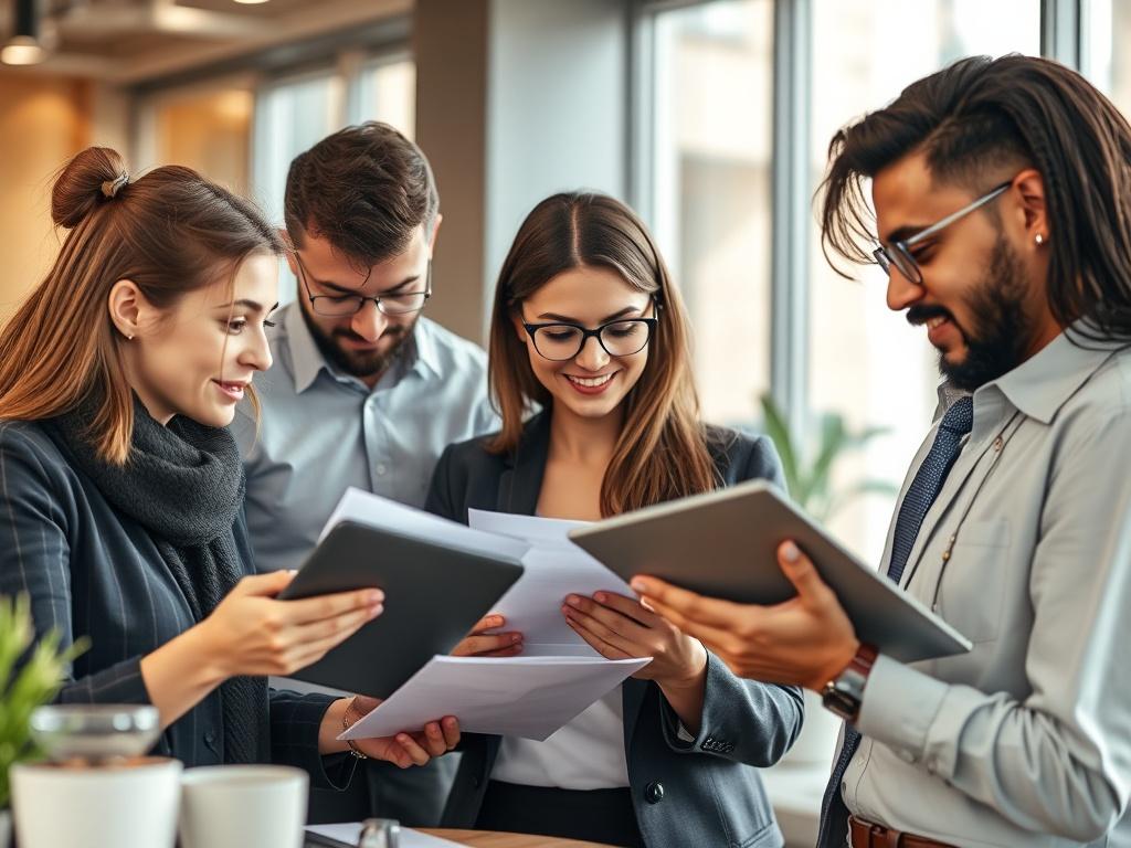 A close-up shot of a diverse group of people discussing financial documents and using technology in a modern office setting. The composition should focus on their engaged expressions and collaborative efforts. The background should be blurred to emphasize the subjects, with warm, inviting colors that complement the rgb(122, 86, 4) primary color.