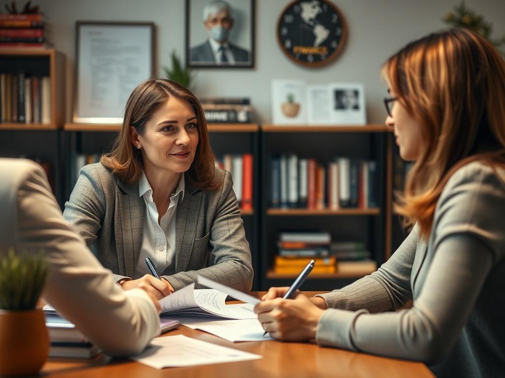A close-up shot of a personal finance coach sitting across from a client at a desk, discussing financial documents and strategies. The coach is engaged and supportive, while the client looks focused and hopeful. The background is a cozy office space with financial books and resources visible. The lighting is soft and welcoming, emphasizing a positive atmosphere for learning and personal growth.