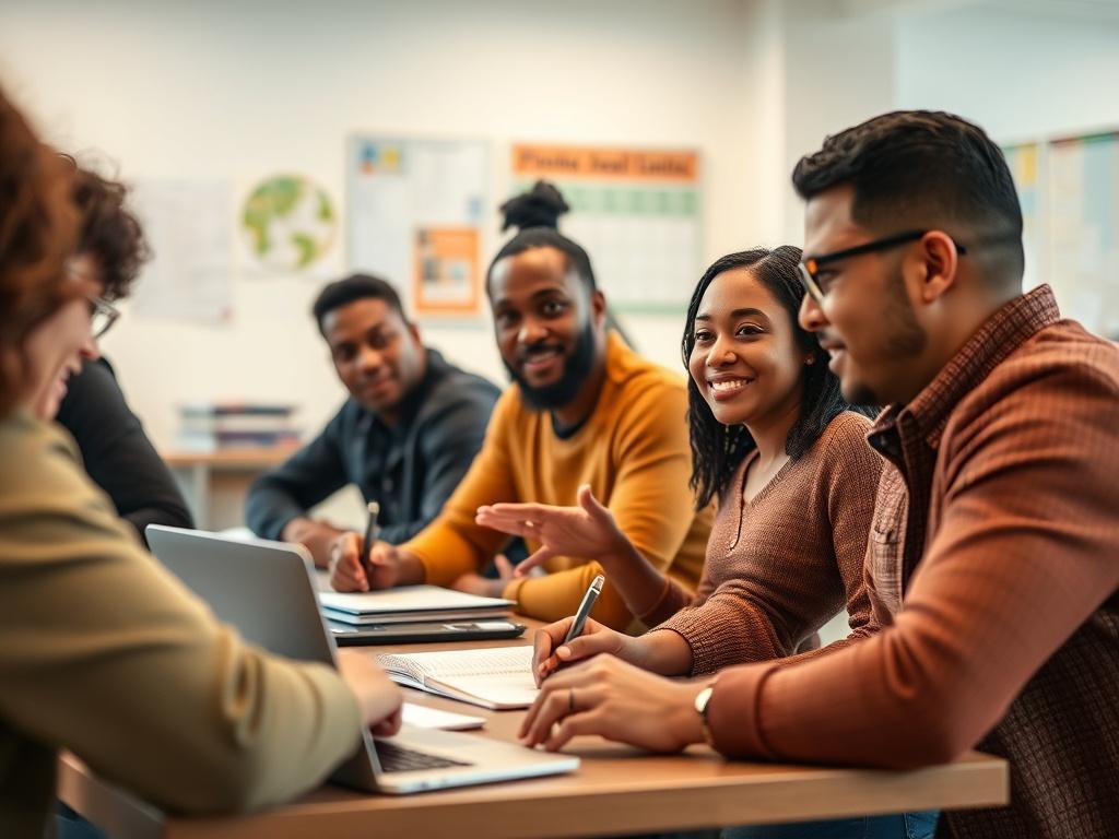 A close-up shot of a diverse group of people engaged in a financial literacy workshop, seated around a table with notebooks and laptops, discussing and taking notes. The background shows a bright, modern classroom with educational materials on the walls. The lighting is warm and inviting, with a focus on the participants' expressions of curiosity and engagement. The image should reflect a sense of community and empowerment in learning.