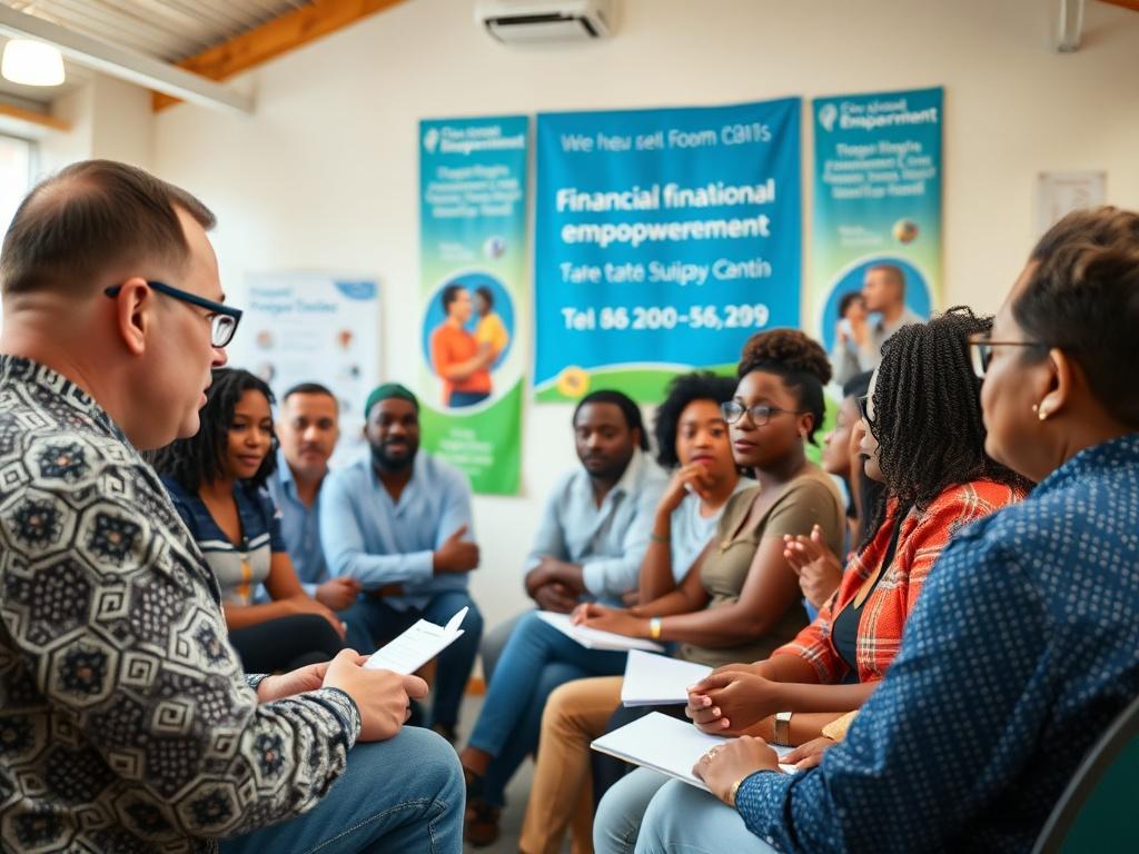 A close-up shot of a community workshop in progress, with a diverse group of participants seated in a circle, listening to a speaker. The atmosphere is interactive, with participants taking notes and asking questions. The background features a bright community center with banners promoting financial empowerment. The focus is on the engagement and enthusiasm of the attendees, showcasing the spirit of collaboration and learning.