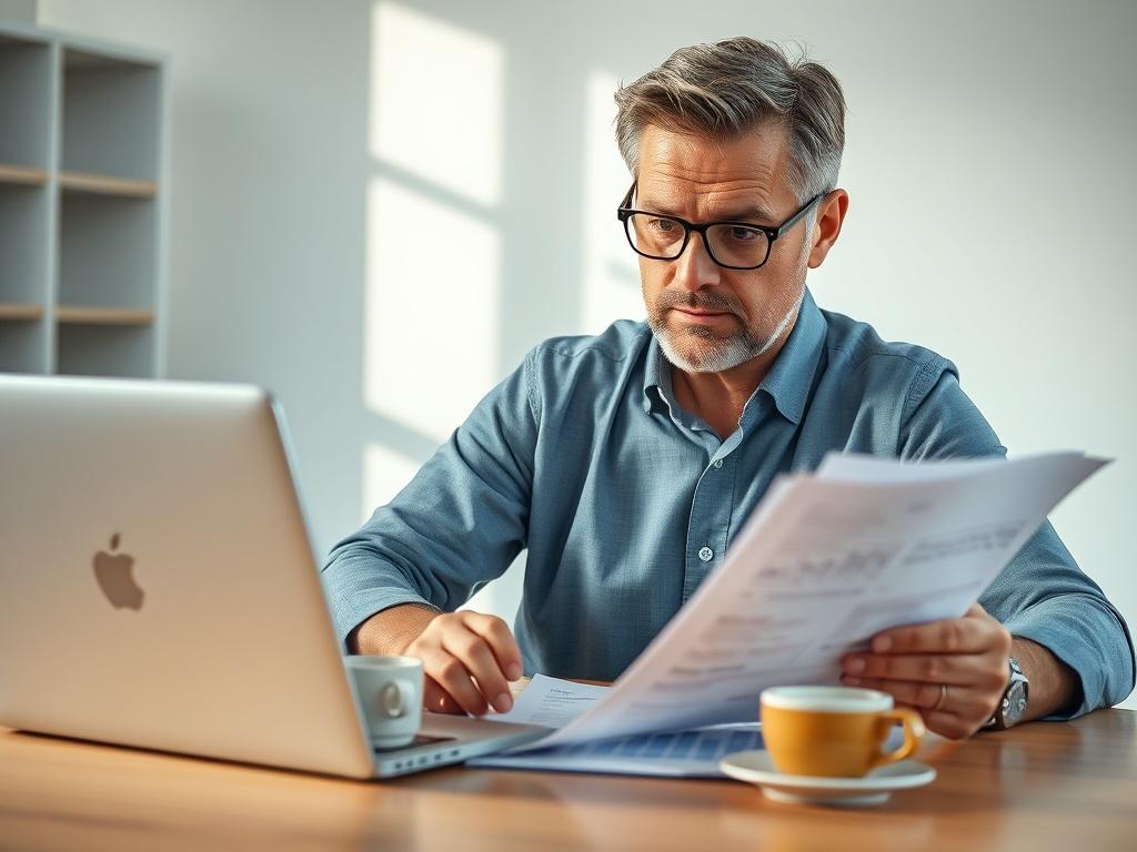 A close-up shot of a confident individual reviewing financial documents at a table, surrounded by a laptop and a cup of coffee. The scene conveys a sense of empowerment and focus, with natural light illuminating the workspace. The individual, a middle-aged person with a thoughtful expression, is engaged in the task, showcasing a clear environment with a simple background. The primary color theme is harmonious with rgb(122, 86, 4), enhancing the professional yet approachable atmosphere.