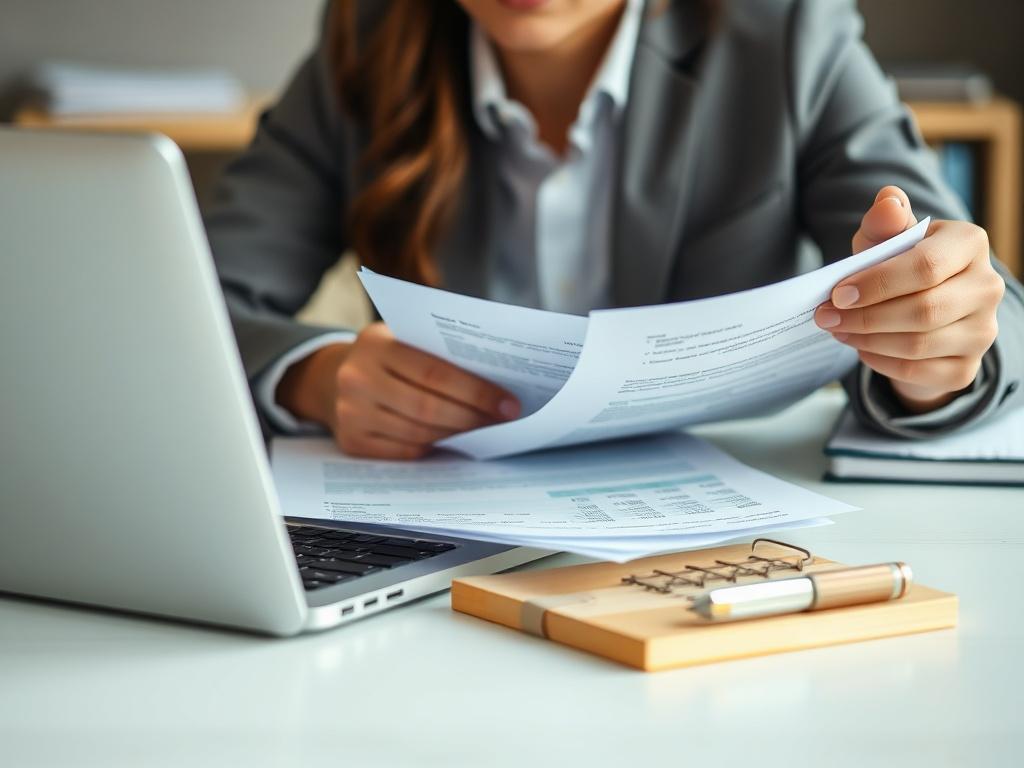 A close-up shot of a person confidently reviewing financial documents at a desk, with a laptop open and a notepad beside them. The background is softly blurred, focusing on the individual and their organized workspace, showcasing a sense of clarity and purpose.