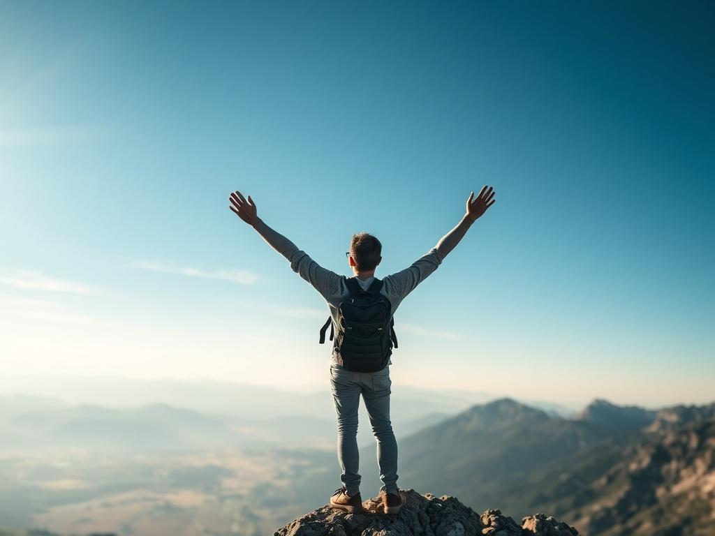 A close-up shot of a person standing on a mountain peak, looking out at a beautiful landscape with arms raised in victory. The background captures the vastness of nature, symbolizing achievement and the realization of dreams.