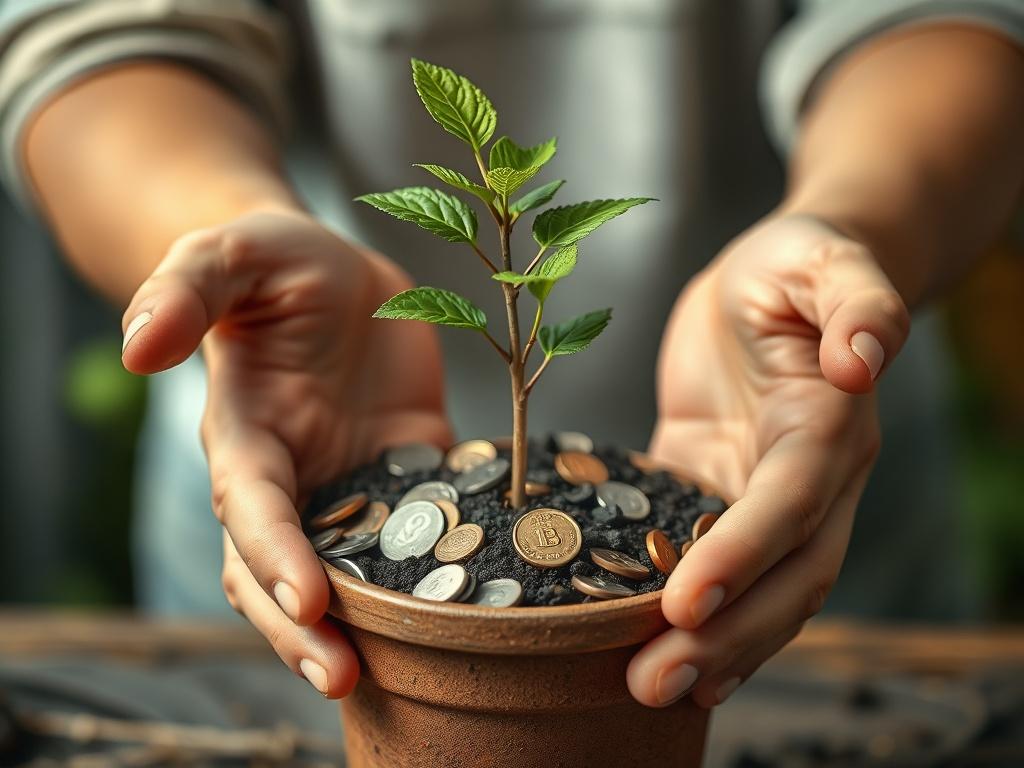 A close-up shot of hands planting a small tree in a pot filled with coins, symbolizing growth and wealth-building. The background is softly blurred, drawing attention to the hands and the pot, conveying a message of nurturing one's financial future.