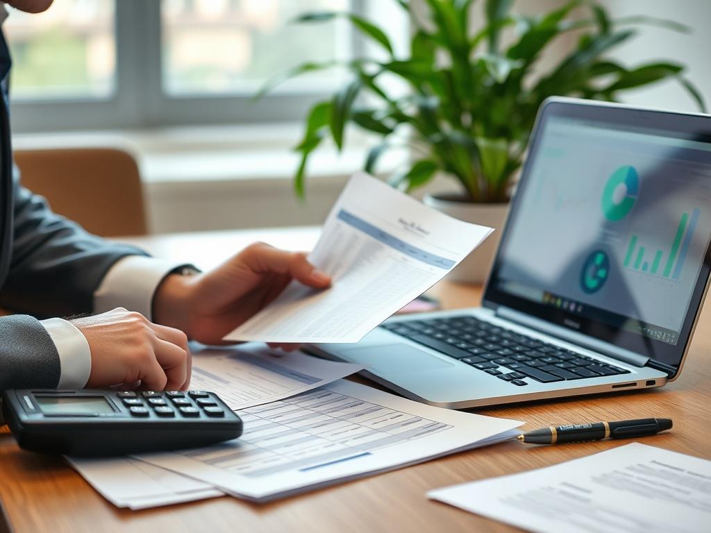 A close-up shot of an auditor analyzing invoices and documents in a professional office setting. The scene includes a calculator, a laptop displaying financial data, and a green plant in the background, symbolizing accuracy and attention to detail.