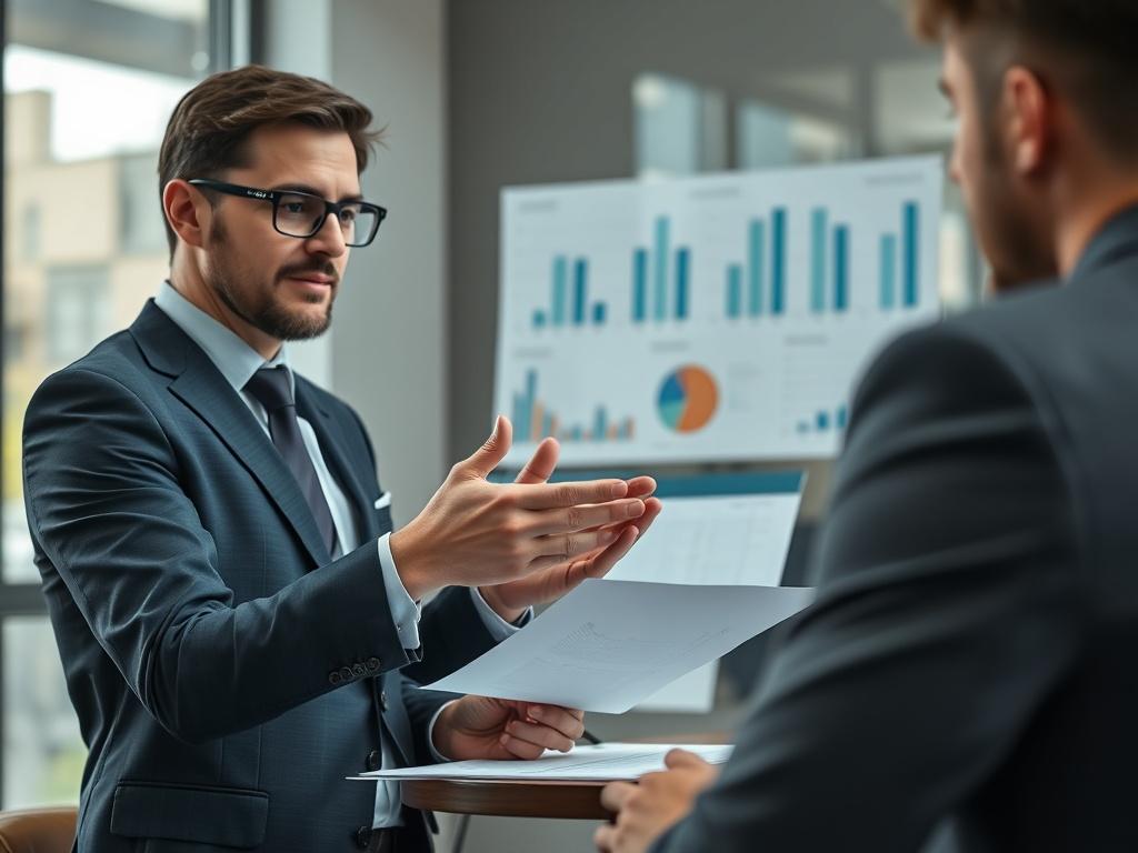 A close-up image of a business professional confidently presenting contract terms to a negotiating partner, with visual aids and charts in the background. The focus should be on the interaction, showcasing effective communication and negotiation tactics.