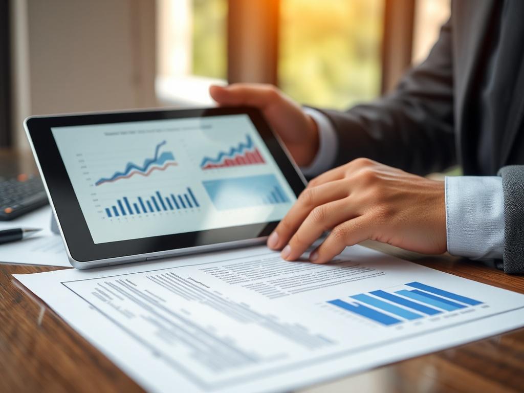 A close-up shot of a business professional analyzing contract documents on a desk, with a digital tablet displaying data graphs. The background should be softly blurred to emphasize the subject, capturing the essence of strategic contract analysis in a professional setting.