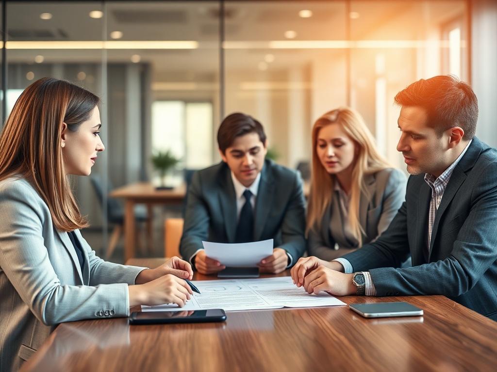 A professional team discussing contract documents in a modern conference room, showcasing collaboration and strategic planning. The image should focus on the team engaged in dialogue, with contracts and digital devices displayed on the table, highlighting effective contract consolidation.