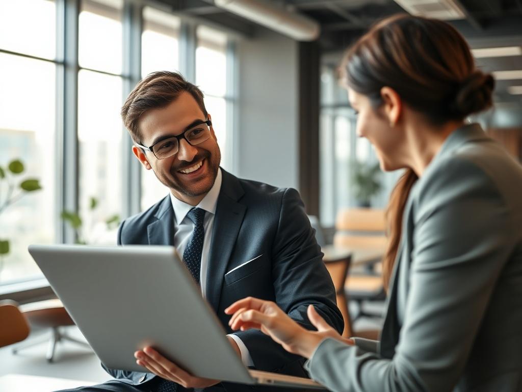 A close-up shot of a professional consultant in a modern office environment, engaged in a discussion with a client. The consultant is wearing a smart business suit, smiling, and using a laptop to showcase data. The background features sleek office furniture and a large window allowing natural light to illuminate the space. The overall mood is warm and inviting, highlighting collaboration and innovation.