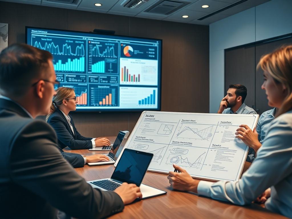 A close-up shot of an executive boardroom with a team of professionals engaging in a strategic planning session. The focus is on a large screen displaying complex data analytics and a whiteboard filled with strategies, captured with a 45mm f/1.2 lens to showcase the details of the presentation.