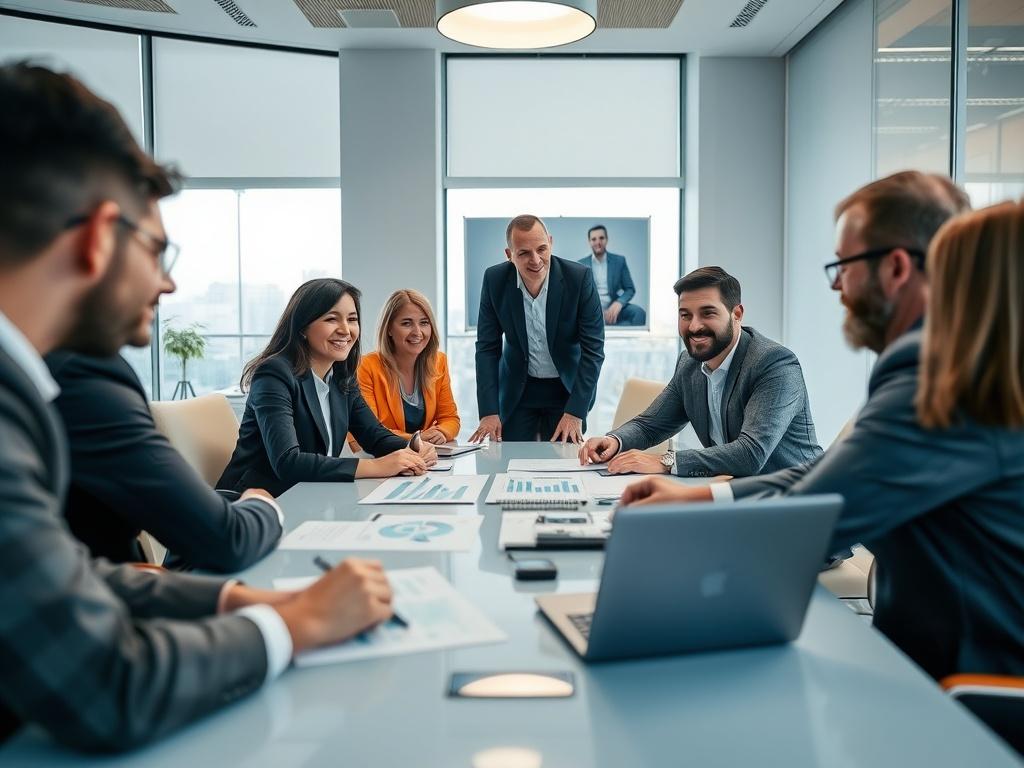 A close-up shot of a business meeting in a bright conference room, showcasing a diverse group of professionals around a table with charts and documents. The atmosphere is collaborative and dynamic, captured with a 45mm f/1.2 lens to highlight the interaction and materials on the table.