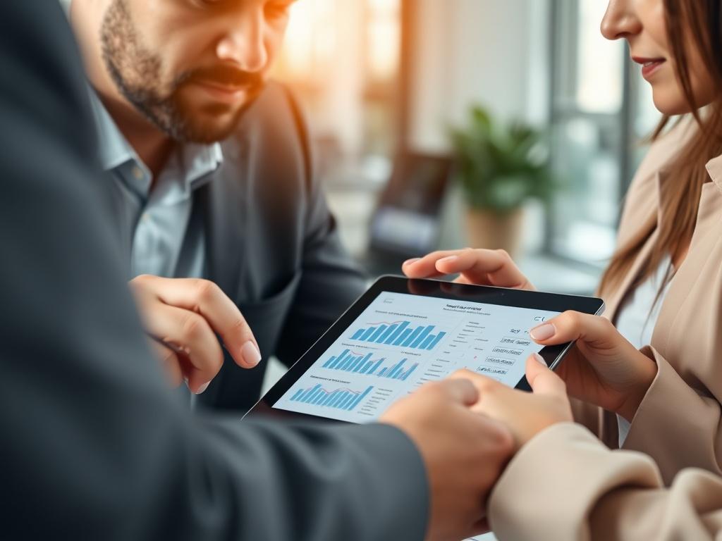 A close-up shot of a professional consultation scene featuring two individuals discussing over a digital tablet, with a modern office background. The focus is on the tablet displaying financial graphs and compliance checklists, captured with a 45mm f/1.2 lens to emphasize the details of the interaction.