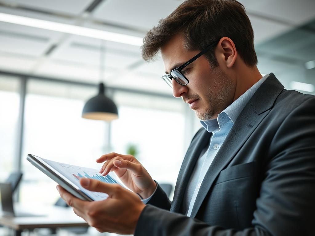 A close-up shot of a business consultant analyzing data on a digital tablet, with charts and graphs displayed. The background features a modern office setting with a minimalist design, emphasizing professionalism and technology. The lighting is bright and focused on the consultant, showcasing their concentration and expertise.