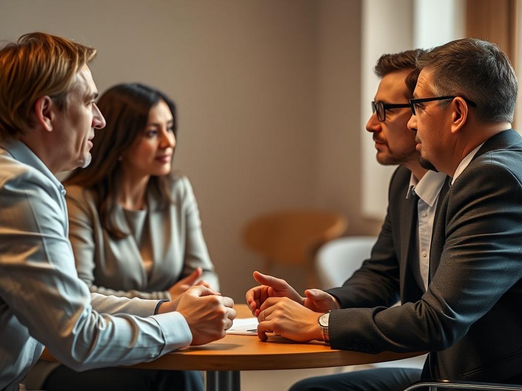 A close-up shot of a mediator facilitating a discussion between two parties, with a focus on their engaged expressions. The background features a neutral, professional setting with a round table, emphasizing collaboration and communication. The lighting is warm and inviting, creating a conducive atmosphere for resolution.