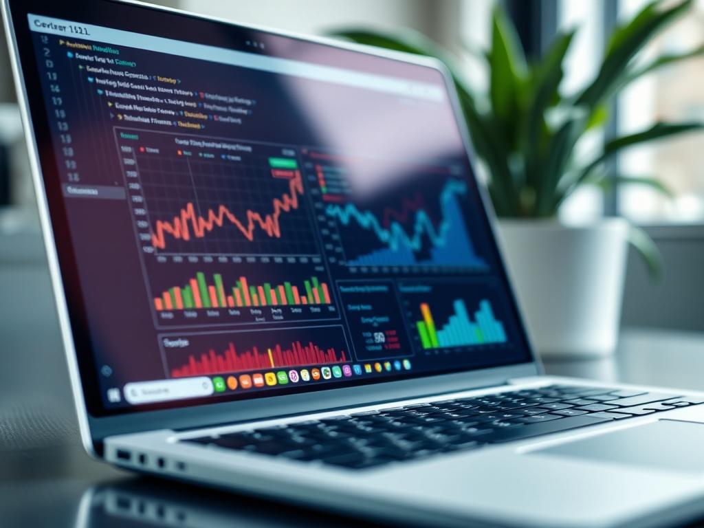 A close-up shot of a sleek, modern financial modeling software interface displayed on a laptop screen, showcasing graphs and data analytics. The background is softly blurred to emphasize the vibrant colors of the interface, with a hint of greenery to reflect a professional yet approachable atmosphere.