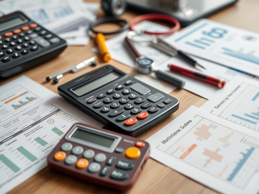 A close-up shot of a professional toolkit spread out on a desk, featuring calculators, charts, and guides. The workspace is well-lit and organized, highlighting the tools' relevance to healthcare and life sciences.