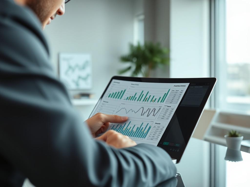A hyper-realistic close-up shot of a financial analyst working on complex spreadsheets and financial models on a laptop in a modern office. The background should be minimalistic, highlighting the importance of financial strategy in healthcare. The color scheme should incorporate elements of green, reflecting prosperity and growth.