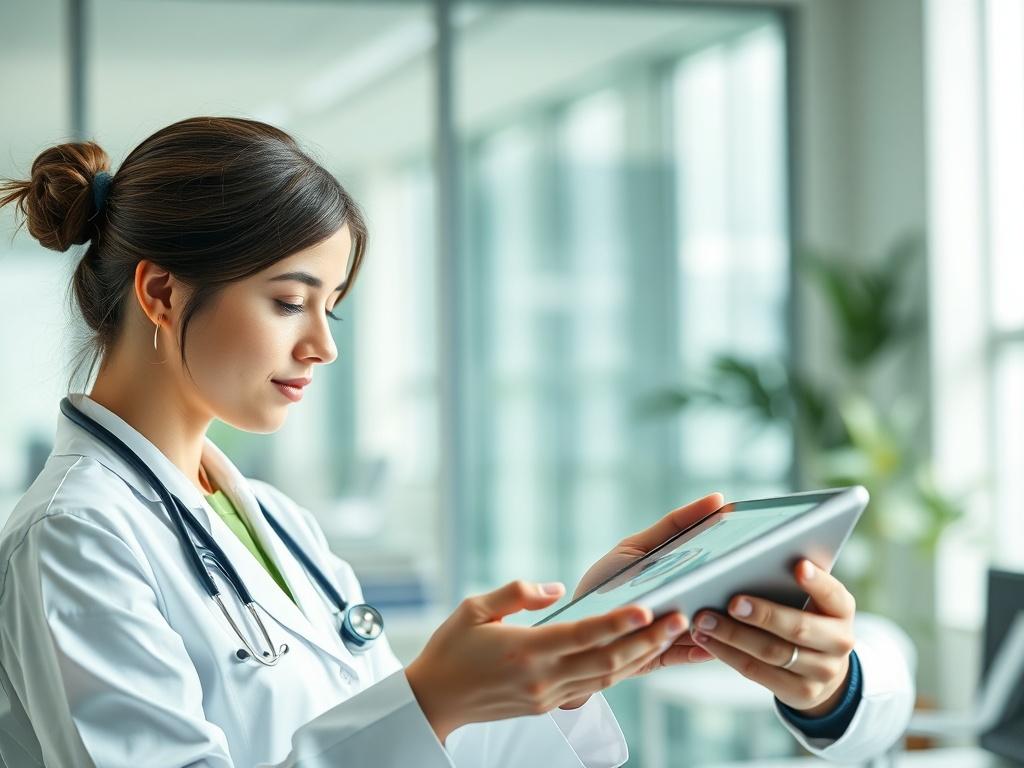 A hyper-realistic close-up shot of a healthcare professional analyzing commercial system designs on a digital tablet, with a clean and modern office background. The professional is focused, showcasing the importance of structured frameworks in healthcare. The image should reflect a bright and professional atmosphere, utilizing a color palette that emphasizes green tones.