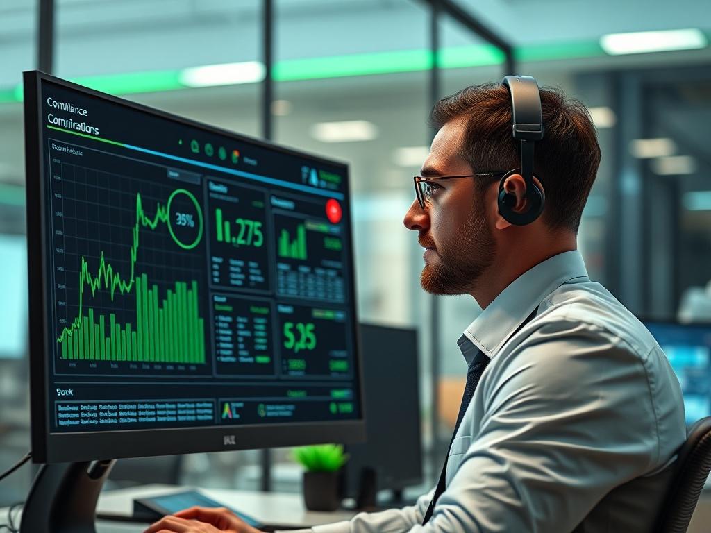 A hyper-realistic close-up shot of a compliance officer reviewing AI-generated compliance reports on a monitor in a sleek office environment. The background should emphasize technology and efficiency, with green accents symbolizing growth and reliability.