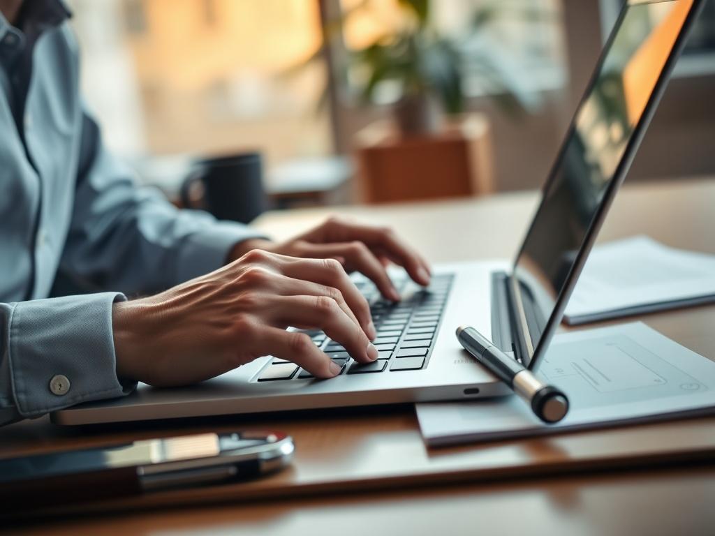 A hyper-realistic close-up of a professional consultant's hands working on a laptop, with a notepad and pen beside them. The background shows a soft-focus office environment, conveying a sense of productivity and focus. The image should reflect a warm and inviting atmosphere, with natural light illuminating the workspace. The primary color theme should align with rgb(50, 170, 39).