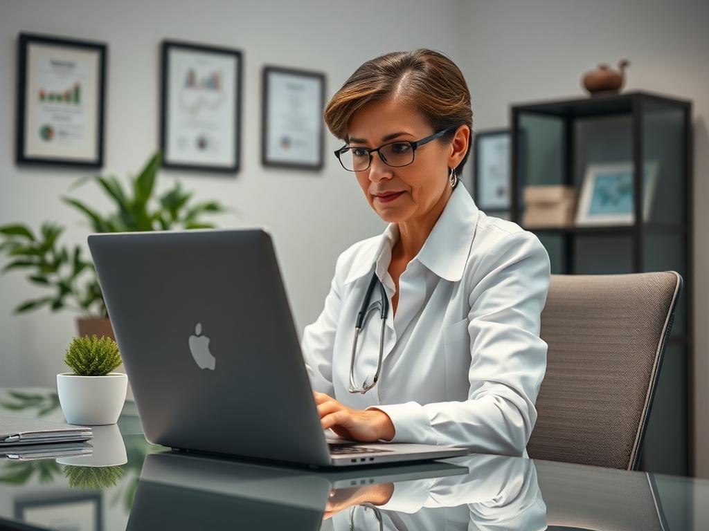 Create a hyper-realistic, high-resolution photo that vividly illustrates the theme of "Maximizing Profit Margins in Healthcare." The composition should be simple and clear, featuring a single subject: a focused healthcare consultant, a middle-aged woman, seated at a sleek modern desk in a well-lit office. She is analyzing financial data on a laptop, with graphs and charts displayed prominently on the screen. 

The subject should have a confident expression, dressed in professional attire, emphasizing expert
