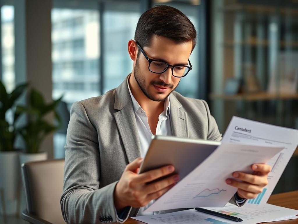 A realistic high-resolution photo of a focused professional holding a digital tablet, surrounded by contract documents and financial charts in a modern office setting. The background should be softly blurred to emphasize the subject, showcasing professionalism and expertise in consulting. The color theme should be compatible with rgb(50, 170, 39). The lighting should be bright and inviting, highlighting the details of the documents and the subject's focused expression.