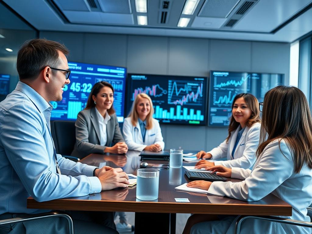 A close-up shot of a diverse team of healthcare executives in a high-tech boardroom, engaged in a strategic discussion with digital screens displaying data analytics. The environment is modern and professional, reflecting a futuristic approach to healthcare management. The focus is on the collaborative energy of the team, with a backdrop that emphasizes innovation, captured with a 45mm f/1.2 lens for rich detail and clarity.