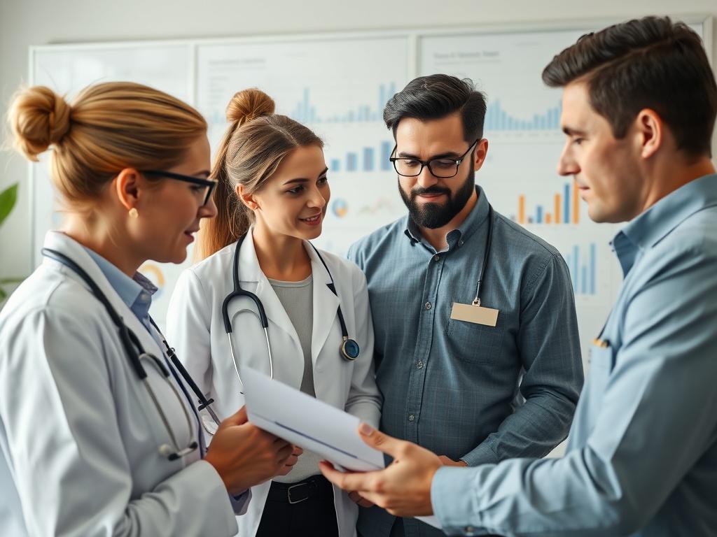 A close-up shot of a healthcare professional discussing plans with a small business team, showcasing collaboration and strategy. The setting is a modern office with a whiteboard filled with charts and graphs, emphasizing growth and professional development. The focus should be on the engaged expressions of the team members, with a background that reflects a productive workspace. The colors are vibrant, and the image is shot with a 45mm f/1.2 lens to capture detail and clarity.