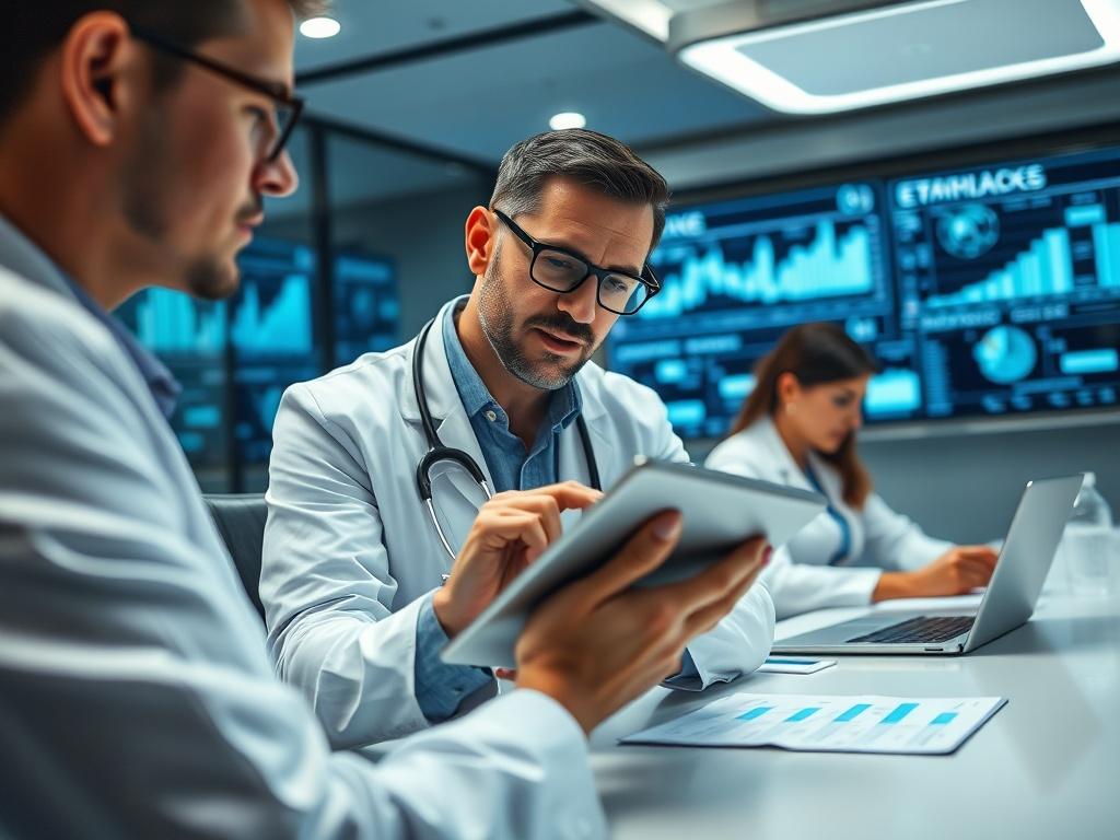 A close-up shot of a healthcare executive analyzing data on a digital tablet with a team of professionals in the background, focused on collaboration and growth. The setting is a sleek conference room with modern technology and visual aids like graphs and charts displayed on screens. The atmosphere conveys innovation and strategic planning, captured with a 45mm f/1.2 lens for crisp details and vibrant colors.