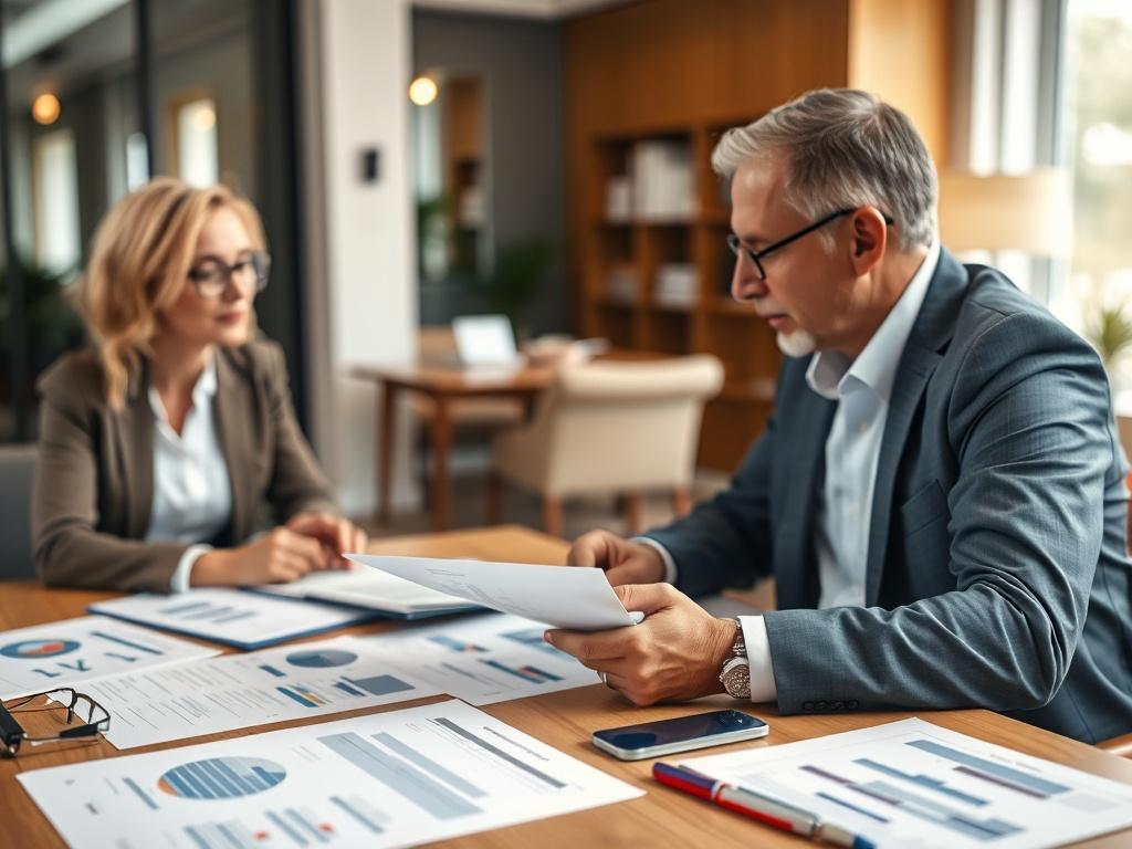 Create a hyper-realistic close-up shot of a professional consultant engaged in a discussion with a client over a document, featuring a diverse set of business materials on the table, including charts and contract templates. The background should be softly blurred to emphasize the consultant and client interaction, with a warm and inviting office setting that conveys professionalism and collaboration.