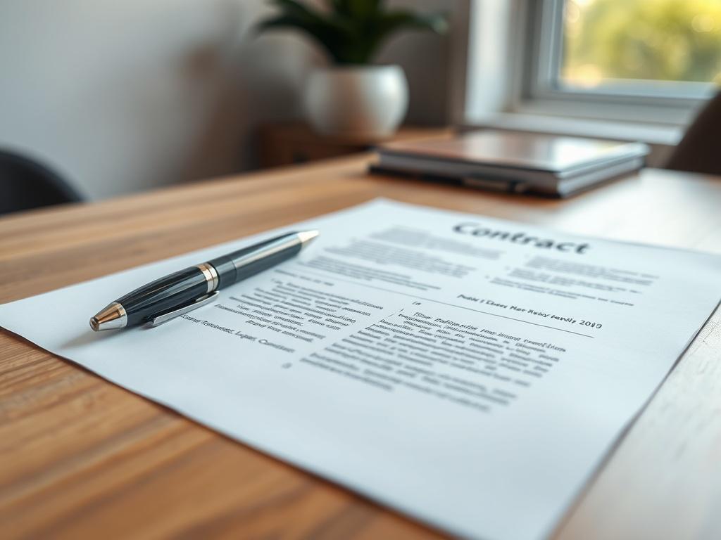A close-up shot of a modern, sleek contract document with a pen elegantly placed on top, set against a clean, minimalist wooden desk. The document displays a professional layout with clear headings and bullet points, hinting at its legal significance. Soft natural light filters in from a nearby window, creating a warm and inviting atmosphere. The focus is sharp on the document and pen, with a blurred background to emphasize professionalism and clarity.