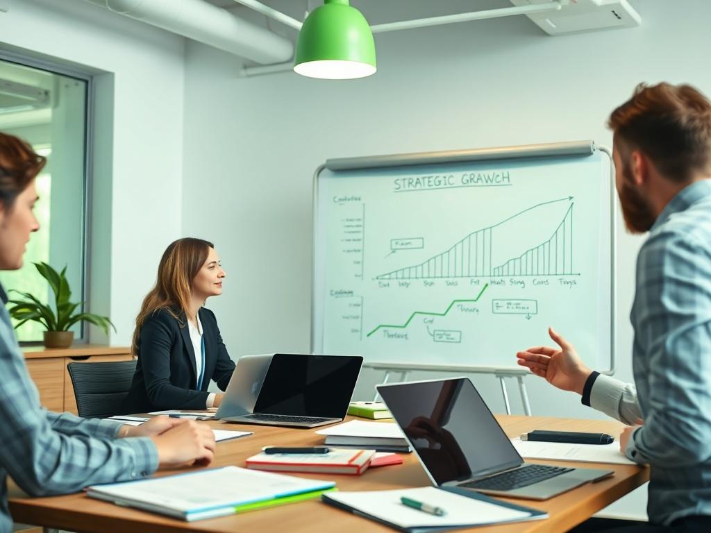 A close-up shot of a business meeting in progress, with professionals discussing over a table filled with documents and laptops. The focus is on a whiteboard with strategic plans sketched out, symbolizing growth and collaboration. The environment is bright and modern, with green accents in the decor to align with the primary color theme.